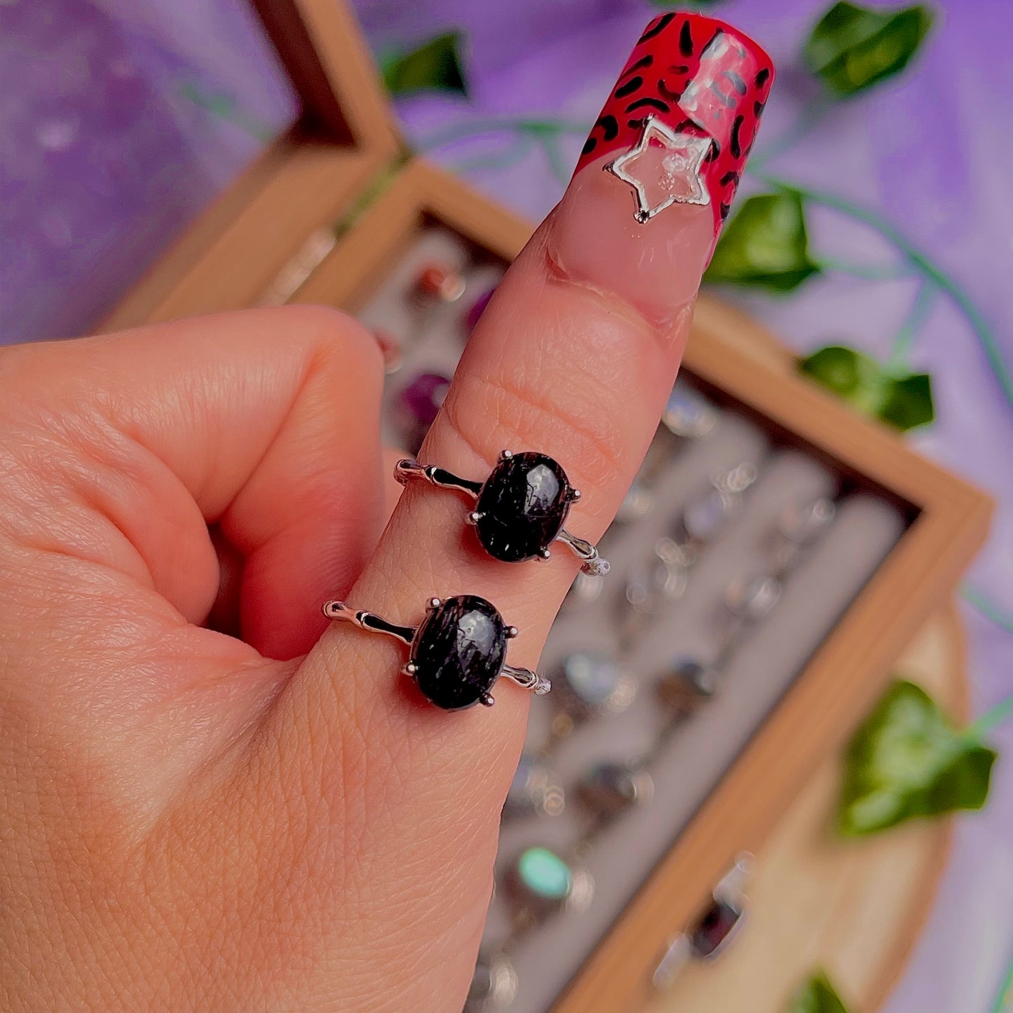 black rutile quartz ~ 925 sterling silver adjustable rings / intuitively chosen