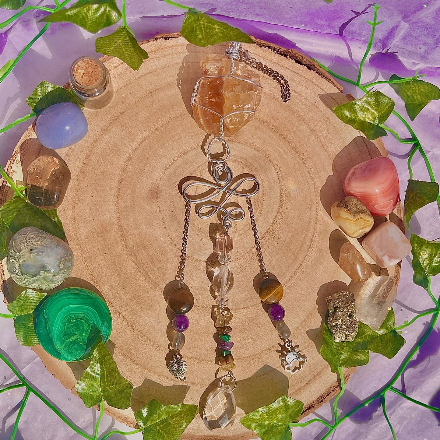 autumn sun suncatcher / wall hanging ~ honey calcite, tigers eye, amethyst, labradorite, malachite & citrine