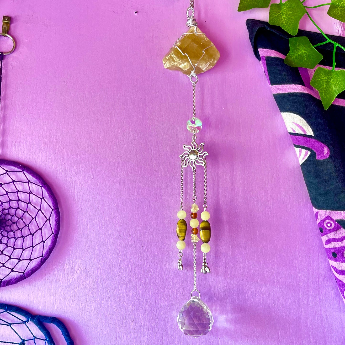 honey bee sun catcher - honey calcite, carnelian, tigers eye & calcite