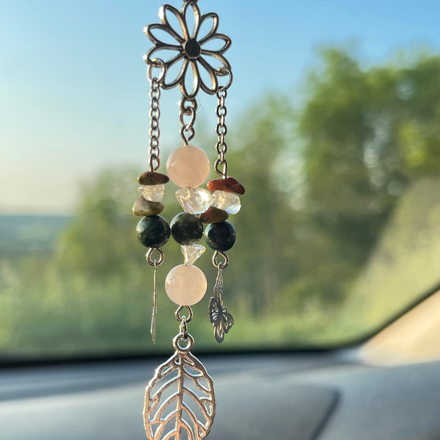 balance car charm - moss agate, unakite, rose quartz & clear quartz