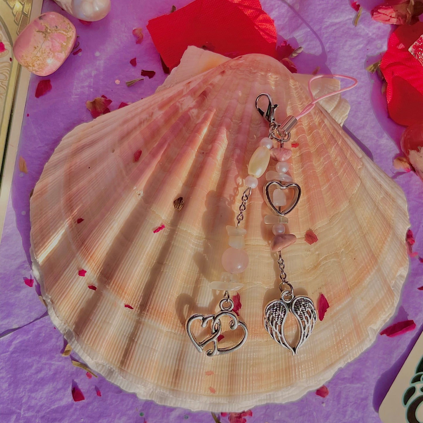 angel heart phone charm ~ rose quartz, moonstone, rhodonite & faux pearls