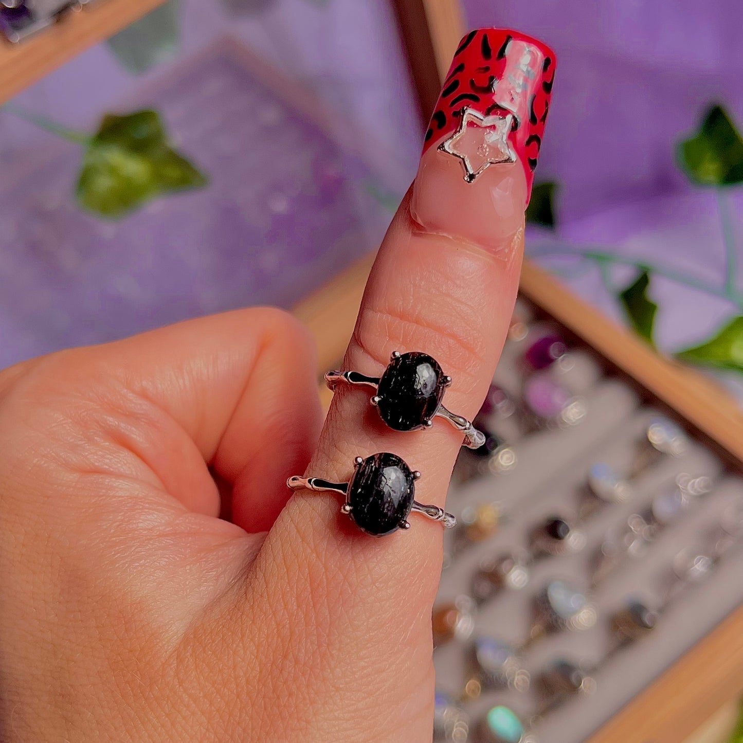 black rutile quartz ~ 925 sterling silver adjustable rings / intuitively chosen