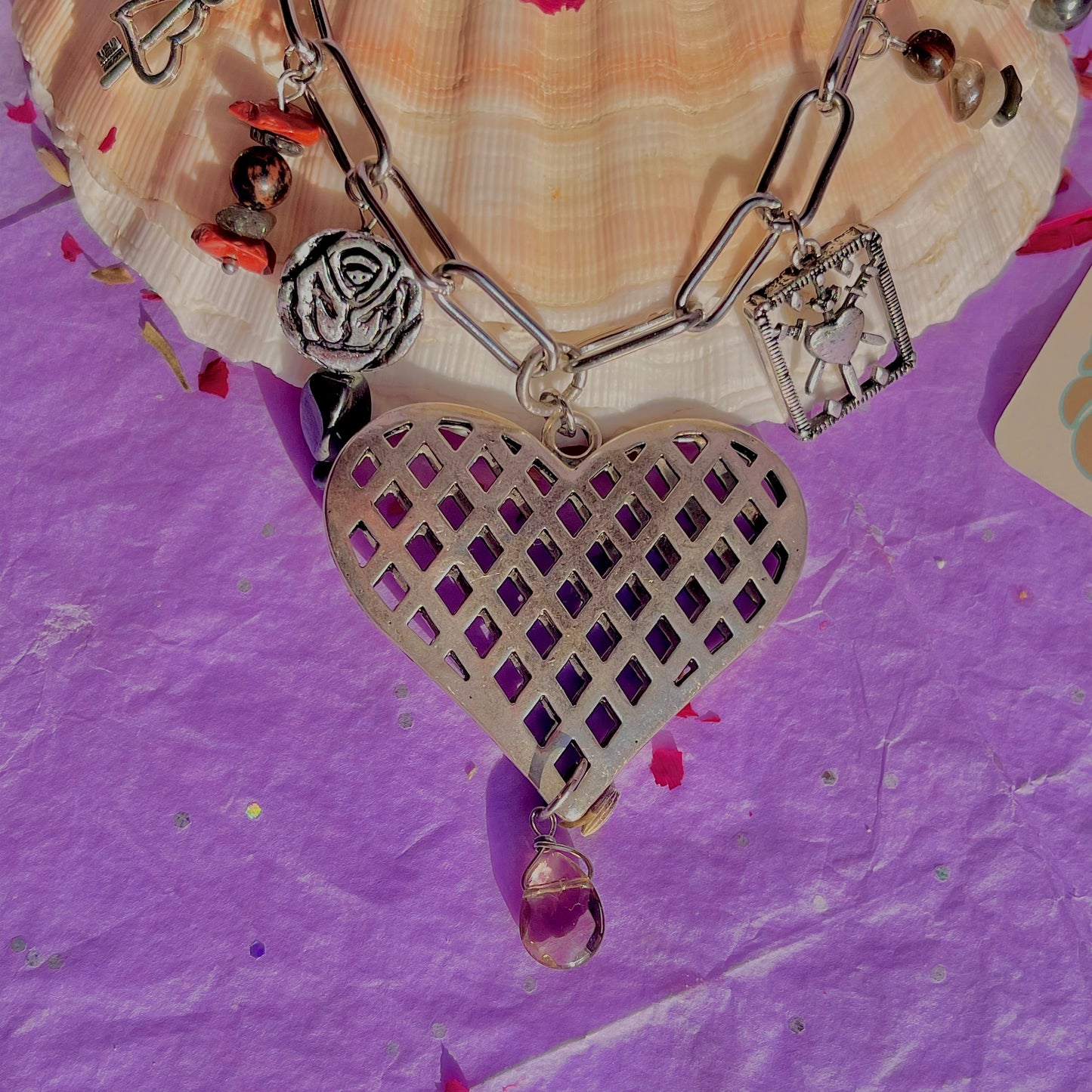 healing heart stainless steel charm necklace ~ smokey quartz, hematite, snowflake & mahogany obsidian, tourmalinated quartz, red jasper, red tigers eye, black moonstone & larvikite