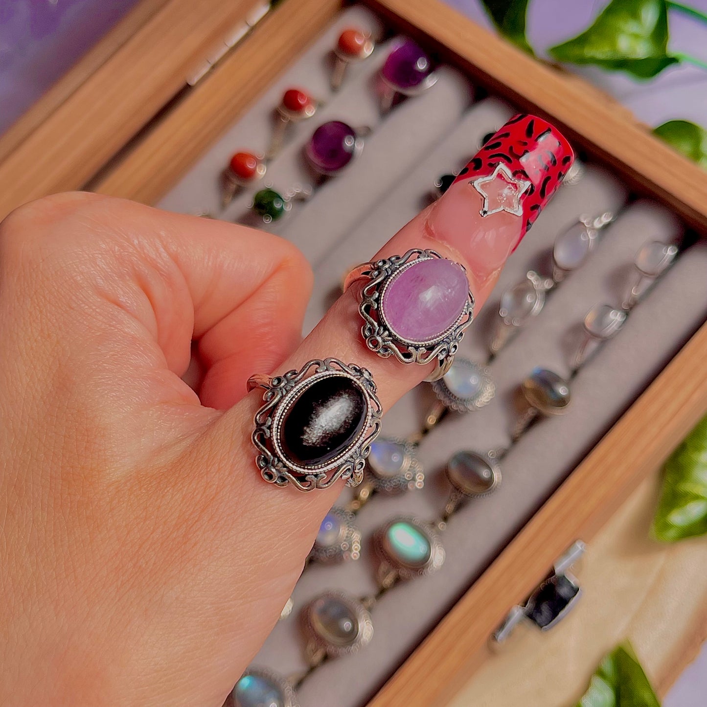 kunzite & silver sheen obsidian ~ 925 sterling silver adjustable rings / choose your own