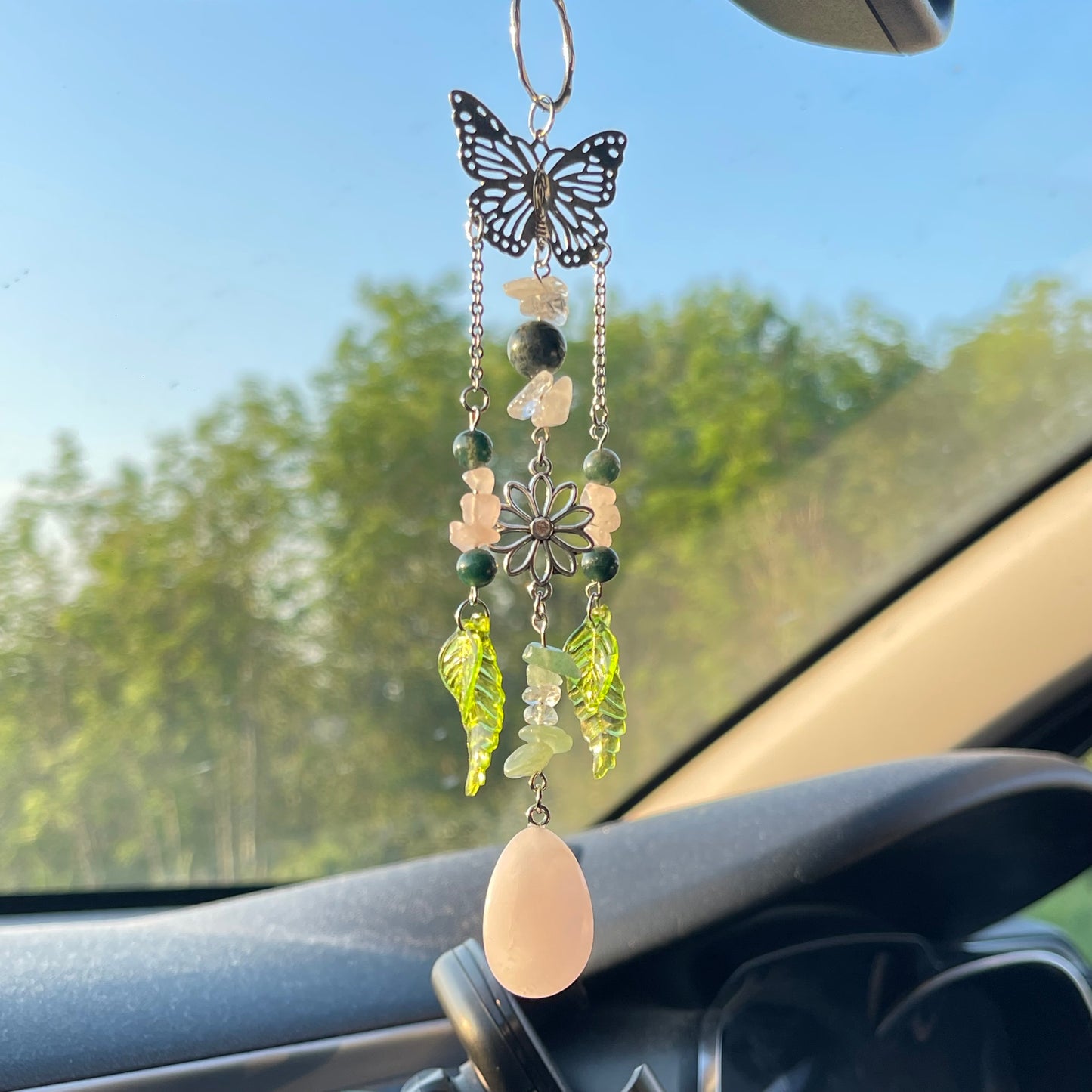 self car charm - rose quartz, moss agate, clear quartz & aventurine