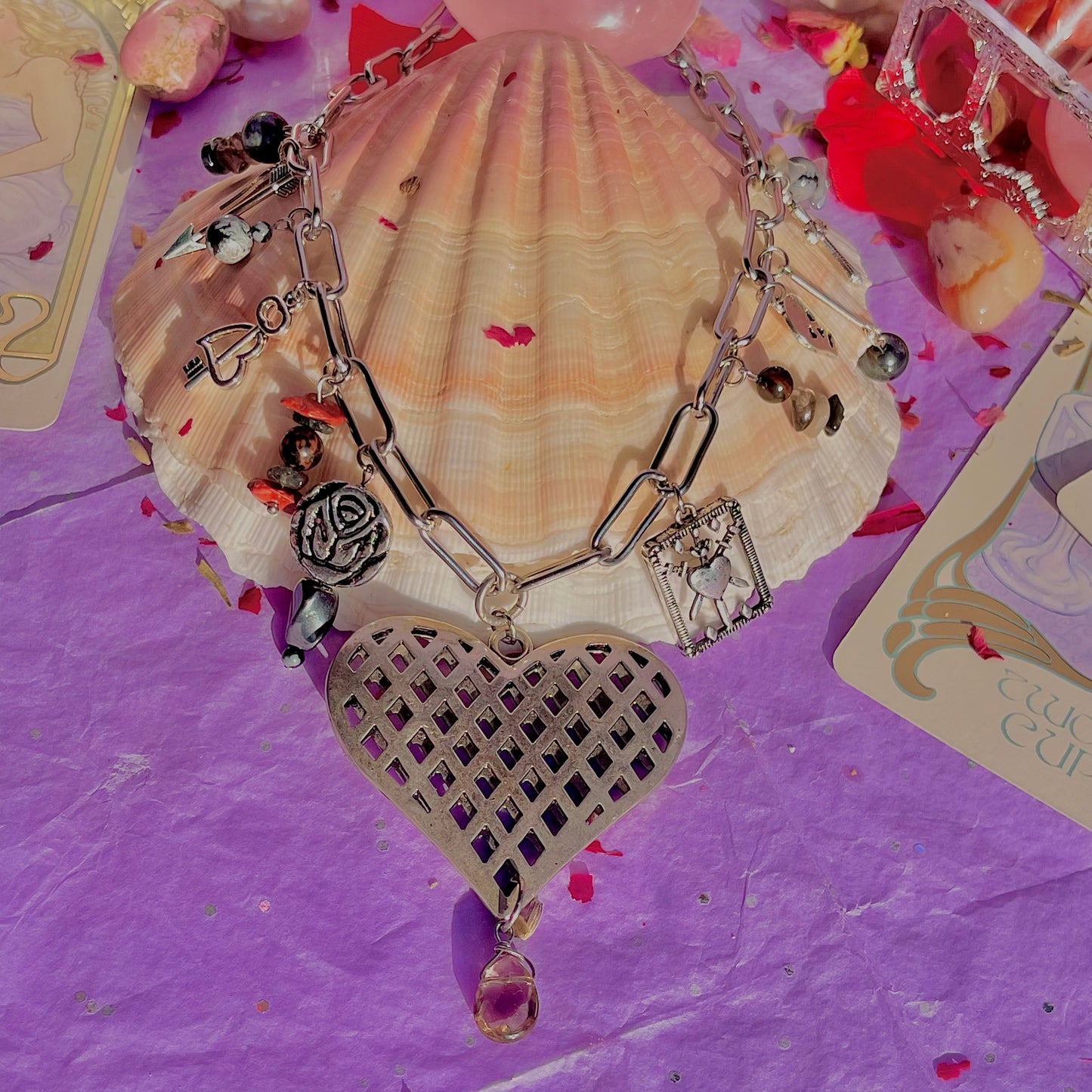 healing heart stainless steel charm necklace ~ smokey quartz, hematite, snowflake & mahogany obsidian, tourmalinated quartz, red jasper, red tigers eye, black moonstone & larvikite