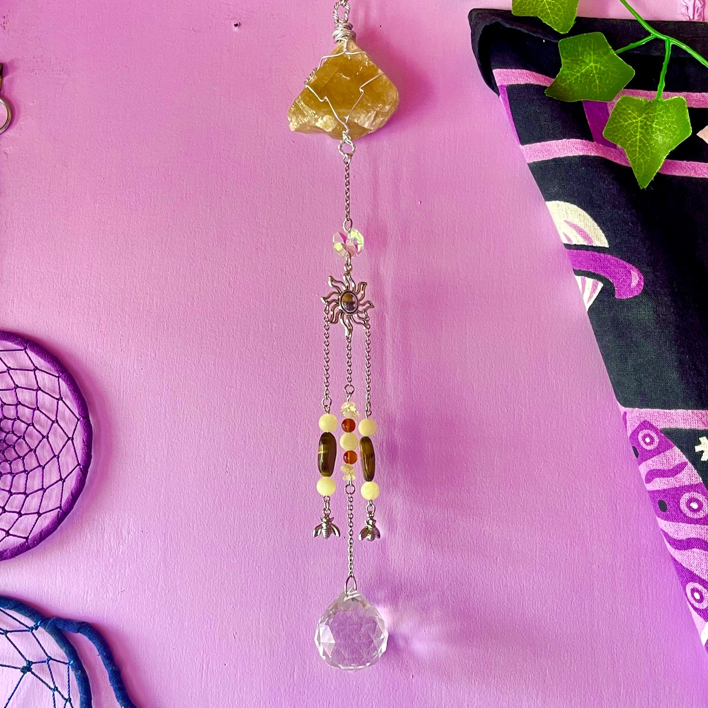 honey bee sun catcher - honey calcite, carnelian, tigers eye & calcite