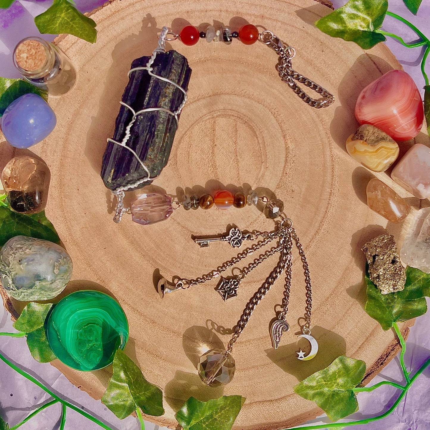 witches cupboard suncatcher / wall hanging ~ black tourmaline, carnelian, tourmaline in quartz, snowflake obsidian & tigers eye