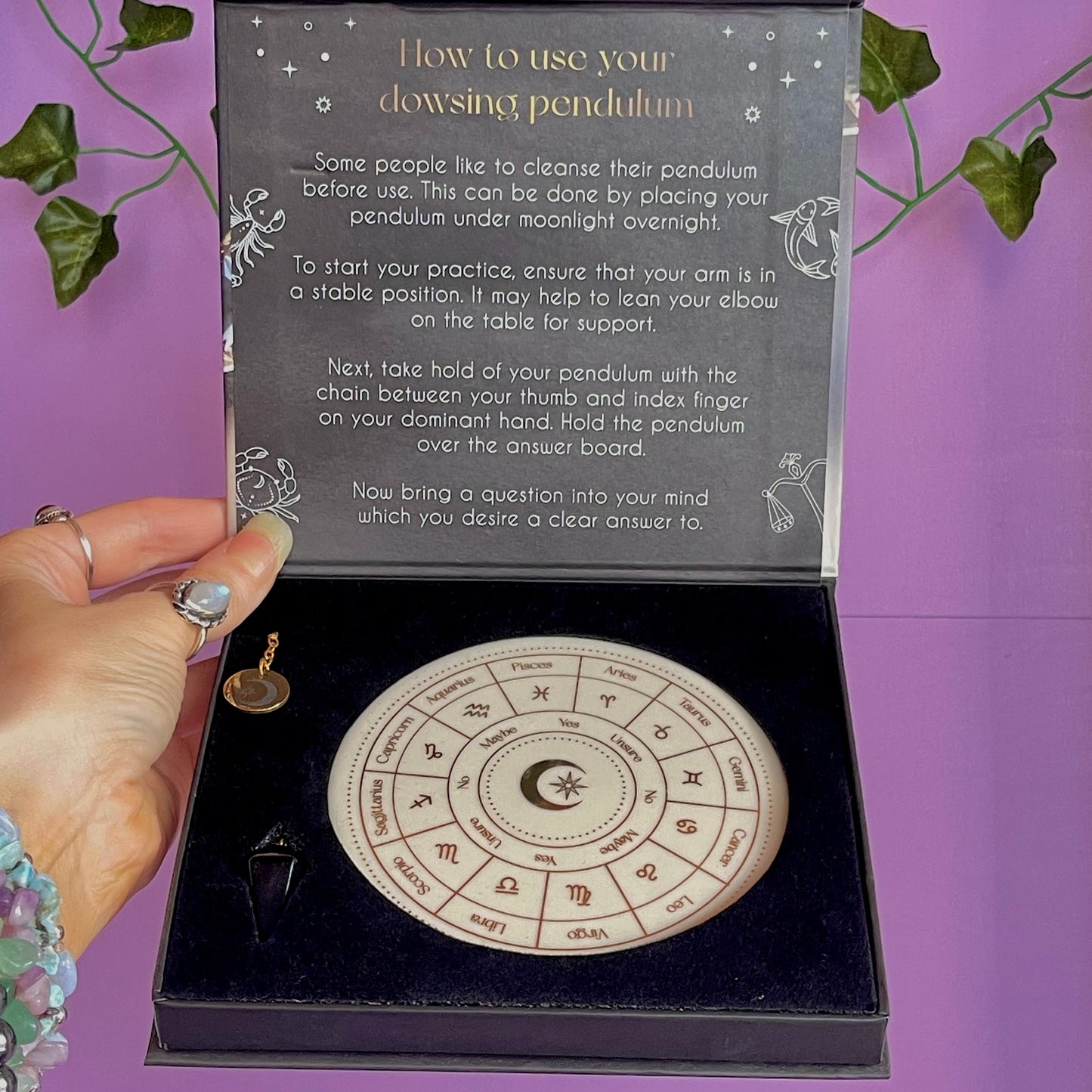 astrology wheel pendulum ceramic divination set ~ with black obsidian pendulum