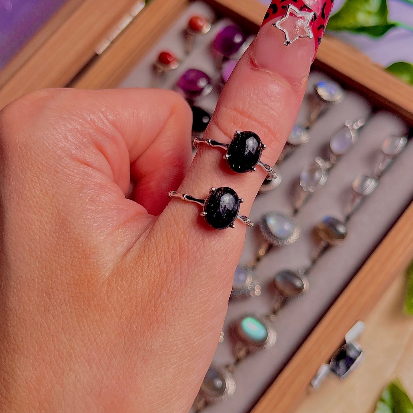black rutile quartz ~ 925 sterling silver adjustable rings / intuitively chosen