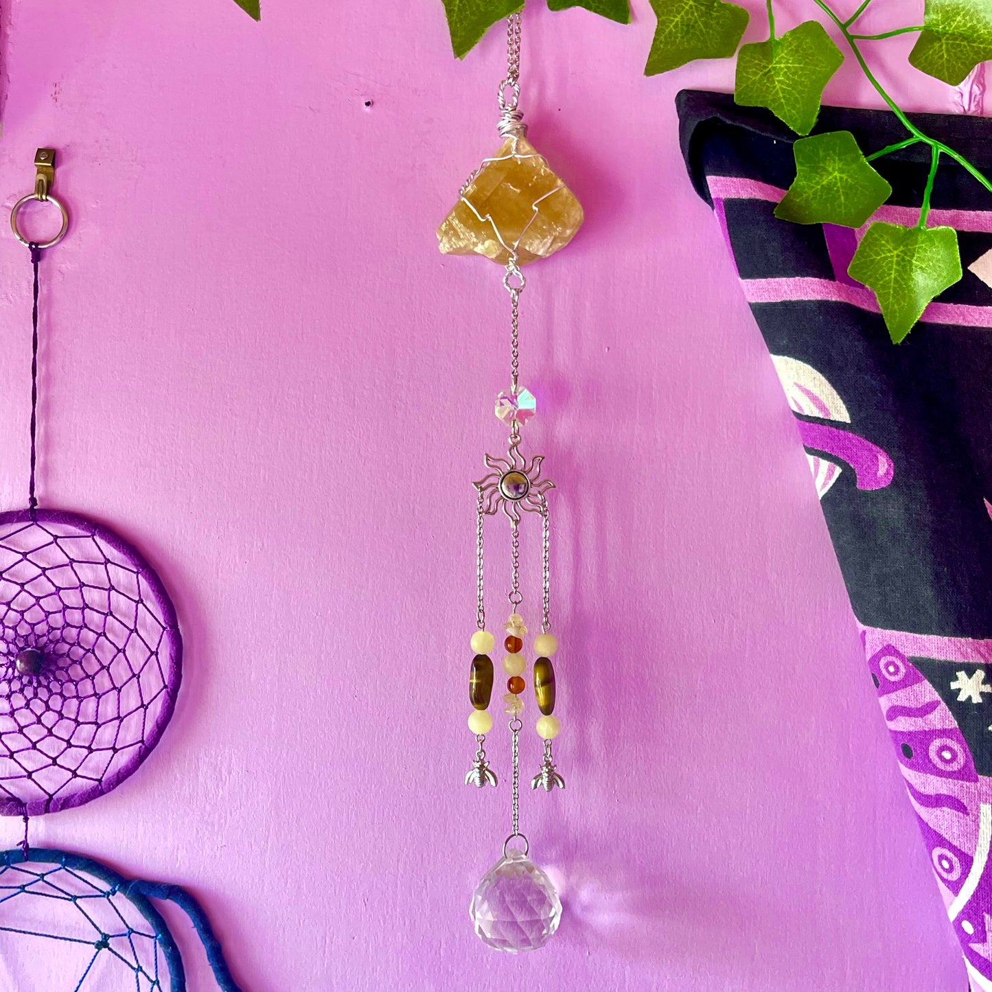 honey bee sun catcher - honey calcite, carnelian, tigers eye & calcite