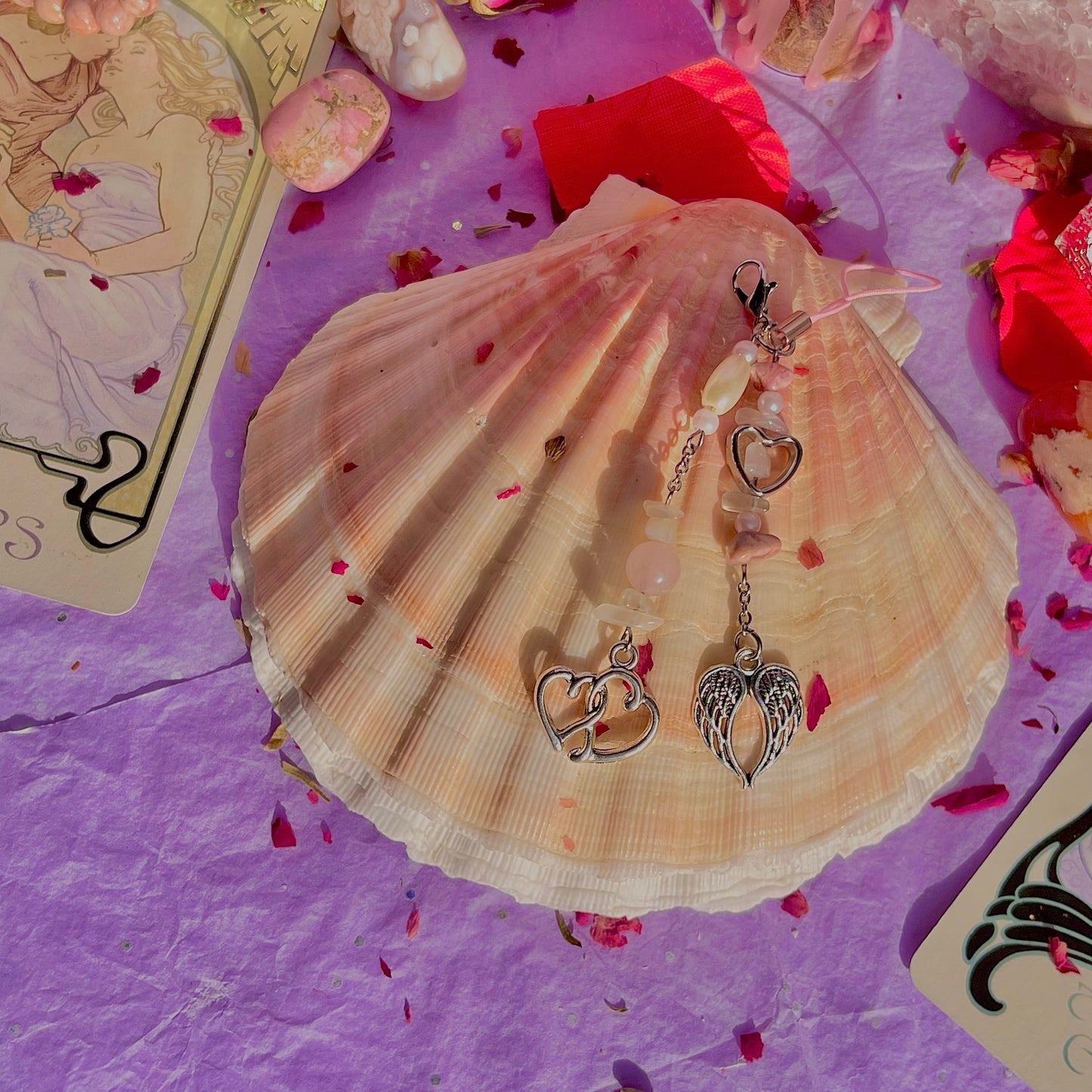 angel heart phone charm ~ rose quartz, moonstone, rhodonite & faux pearls