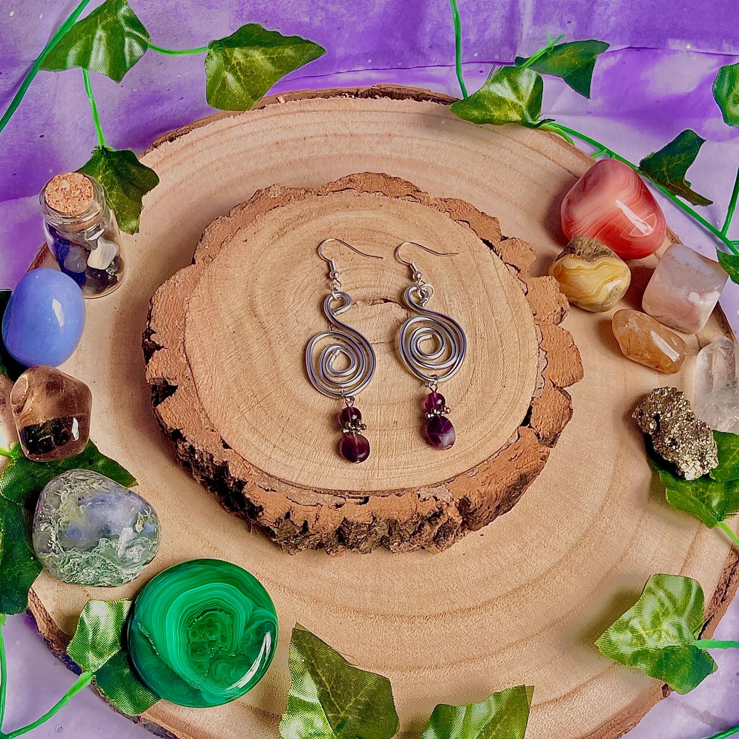 spiral swirl earrings ~ amethyst & fluorite on 925 hooks (aluminium wire)