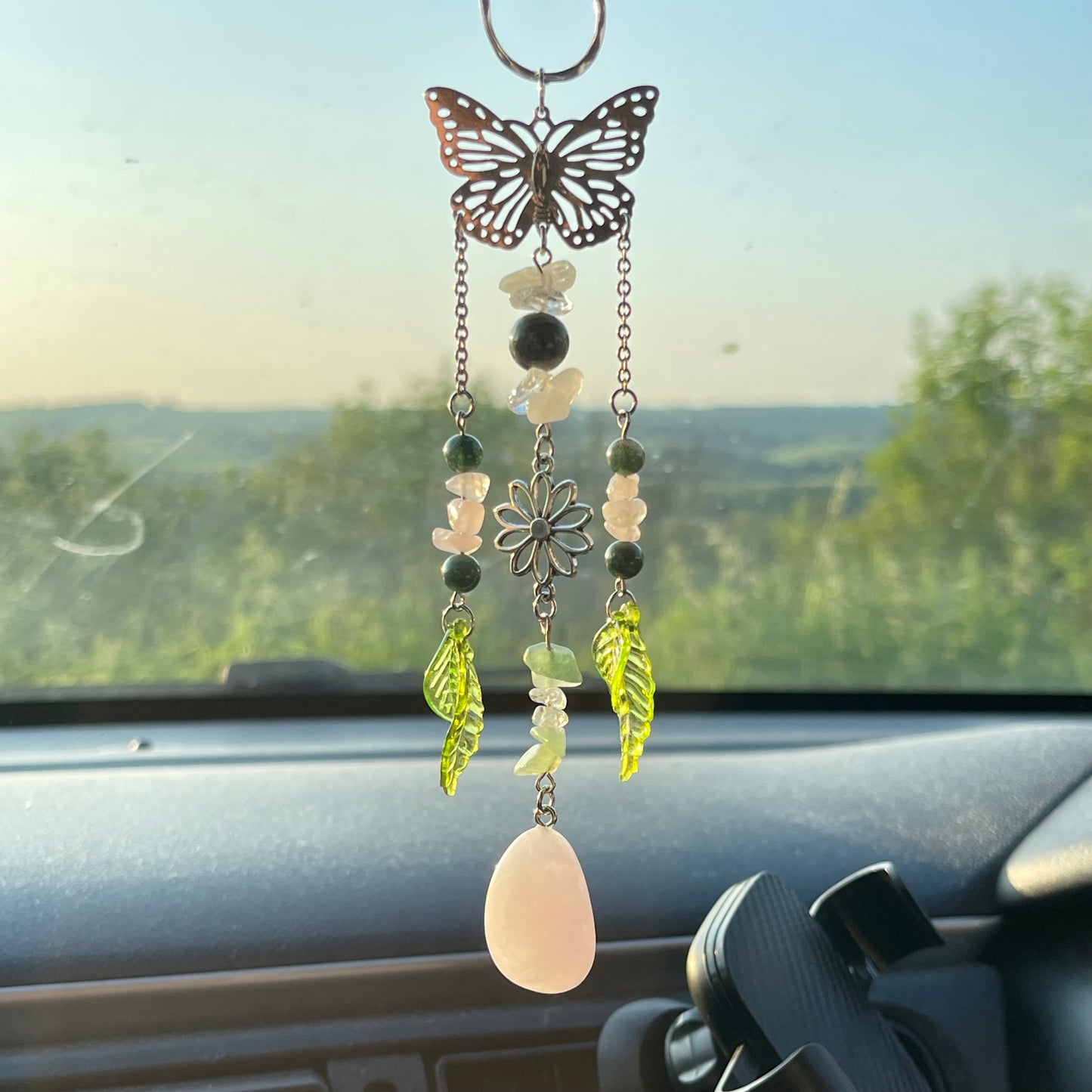 self car charm - rose quartz, moss agate, clear quartz & aventurine