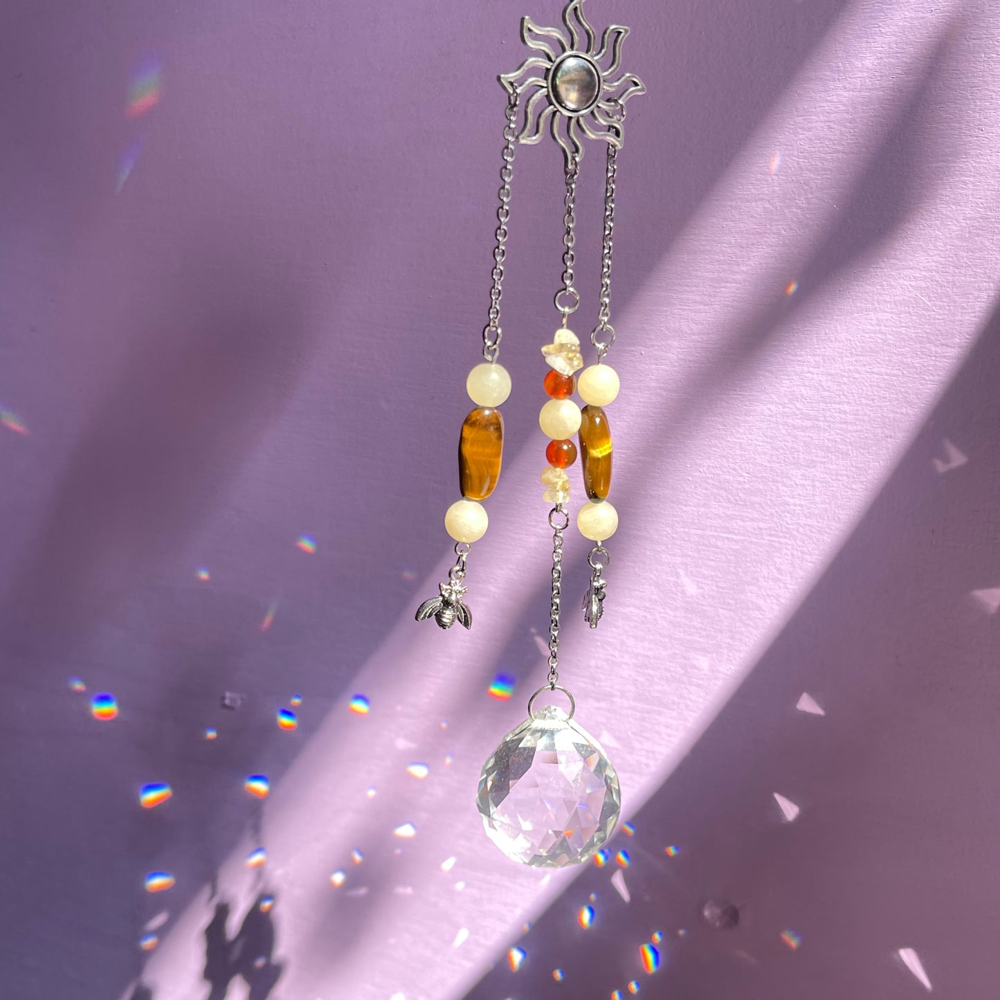 honey bee sun catcher - honey calcite, carnelian, tigers eye & calcite