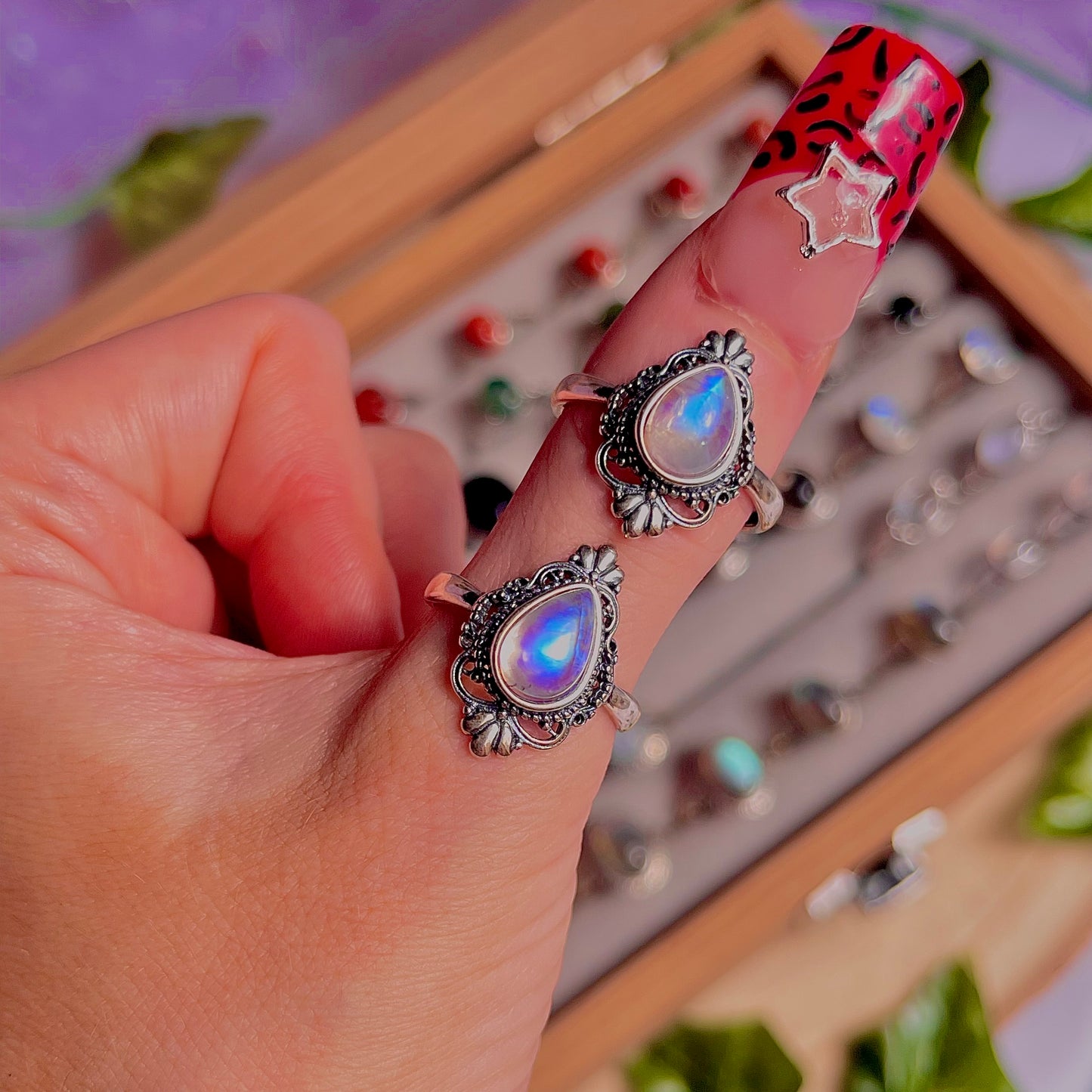 rainbow moonstone style D ~ 925 sterling silver adjustable rings / intuitively chosen