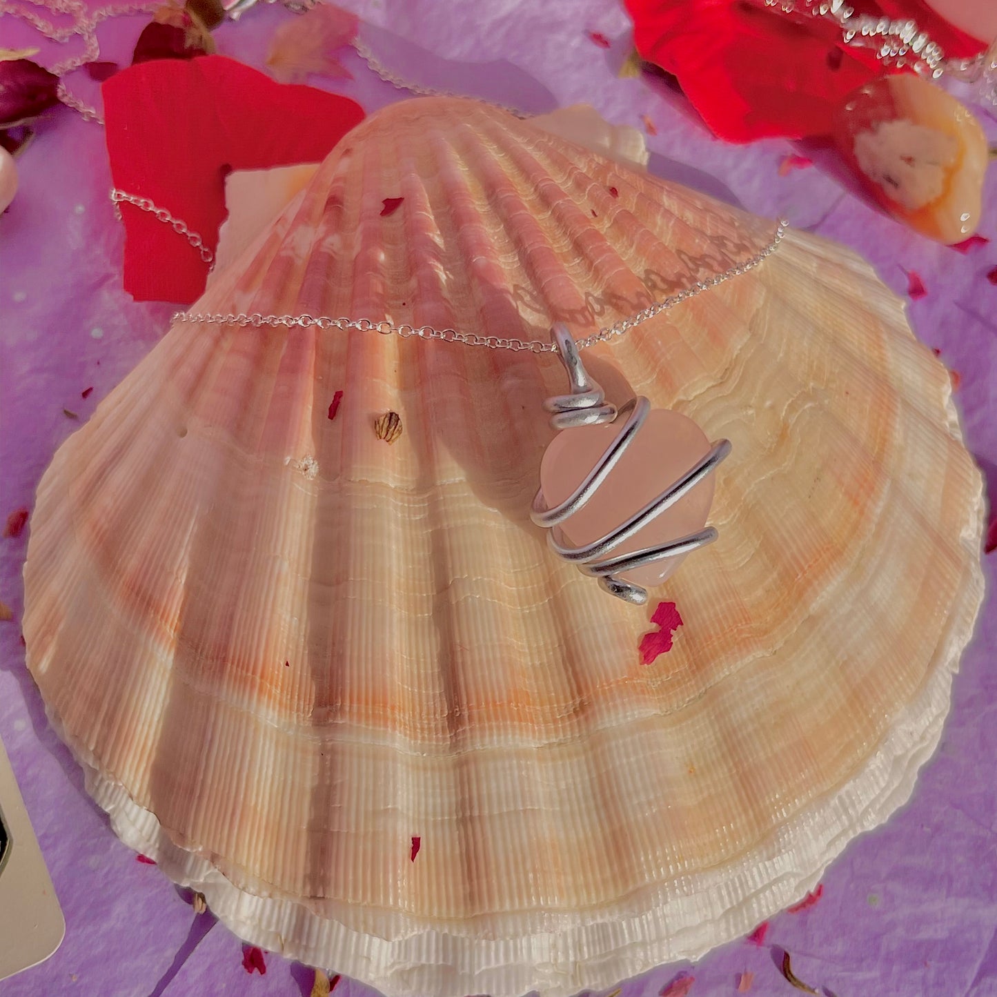 wrapped around my heart necklace sterling silver plated 18 inch chain ~ rose quartz