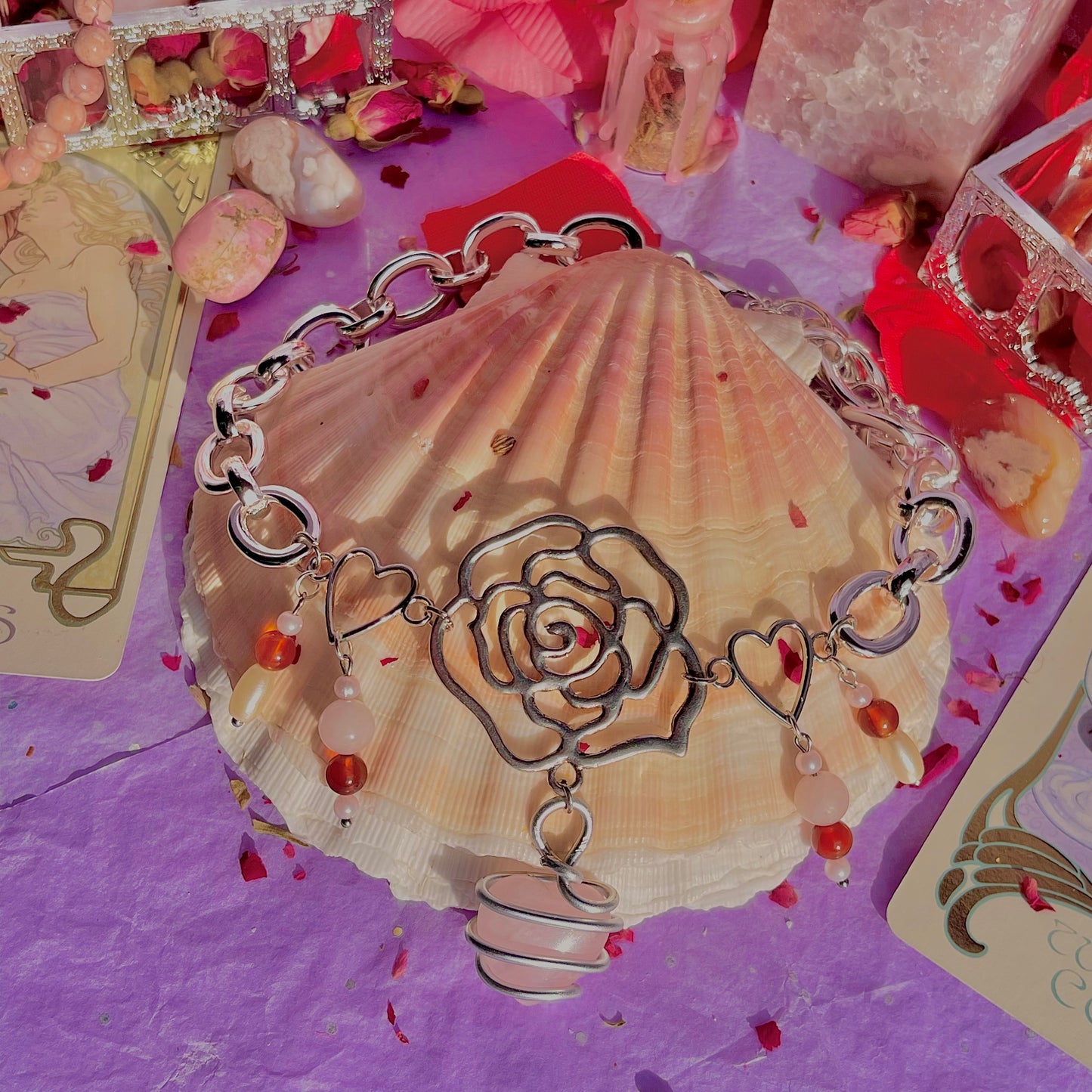 single rose chunky stainless steel necklace ~ rose quartz, carnelian & faux pearls