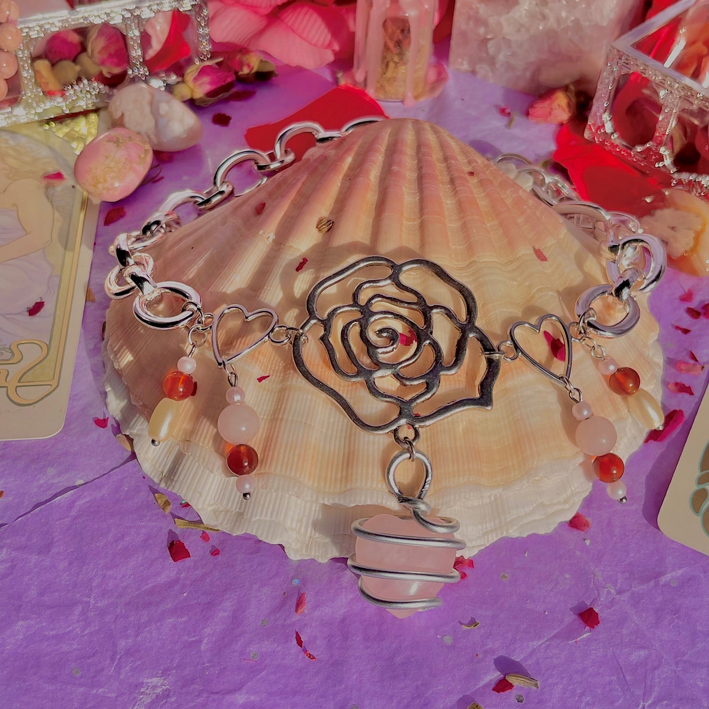 single rose chunky stainless steel necklace ~ rose quartz, carnelian & faux pearls
