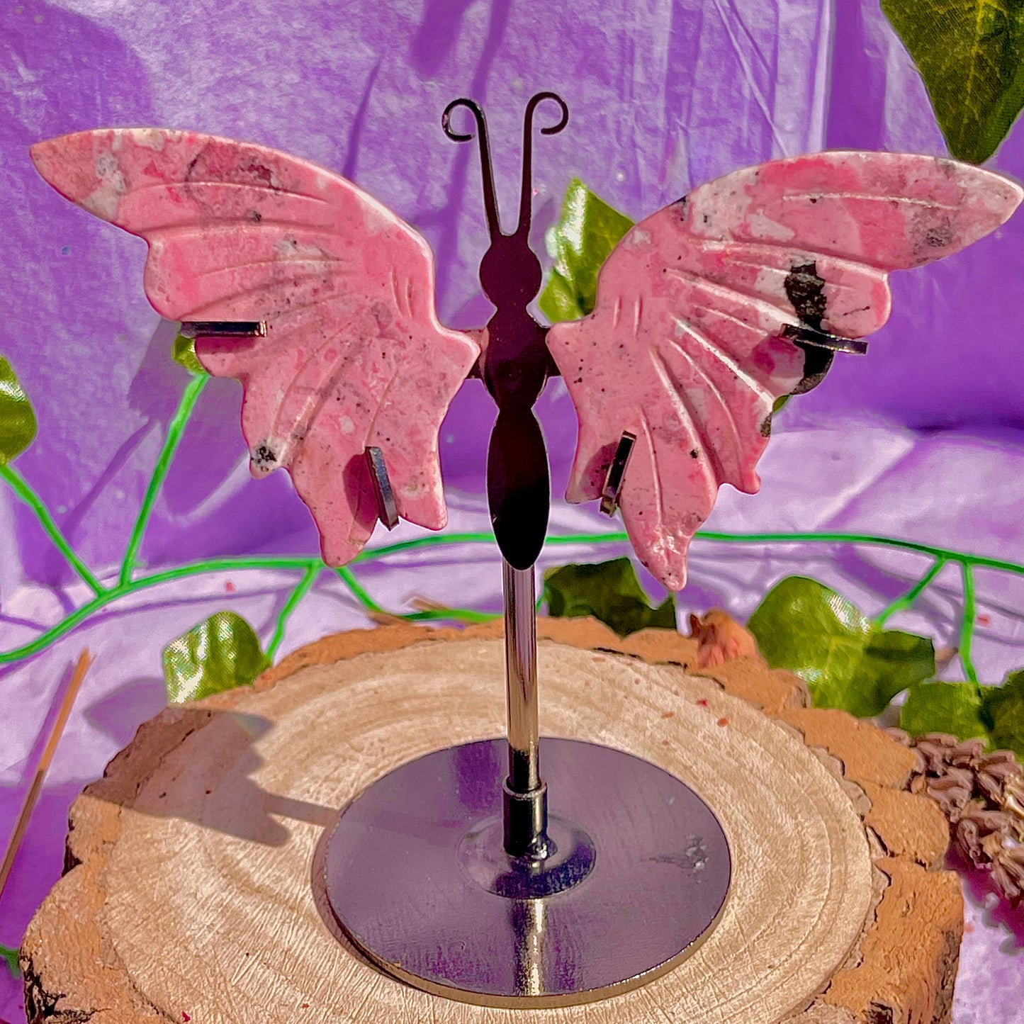 rhodonite butterfly wings on stand