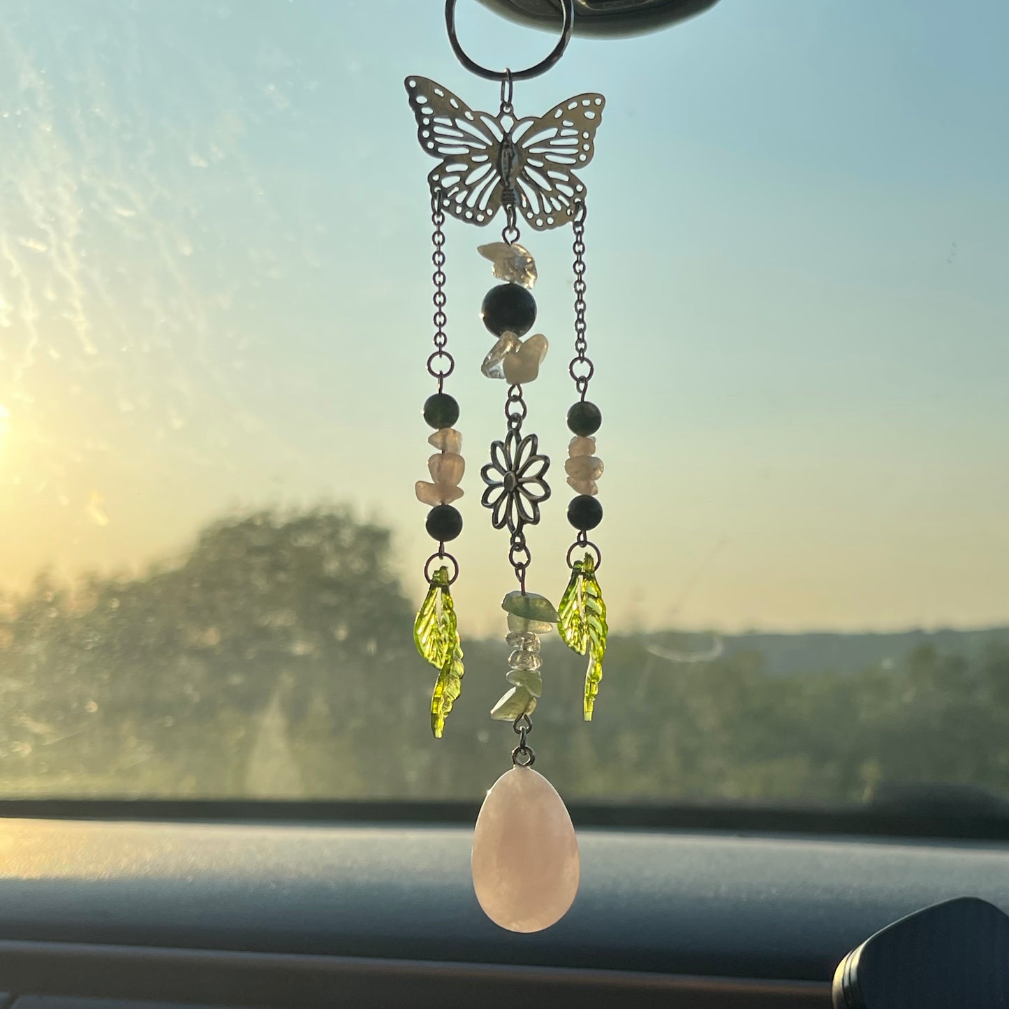 self car charm - rose quartz, moss agate, clear quartz & aventurine