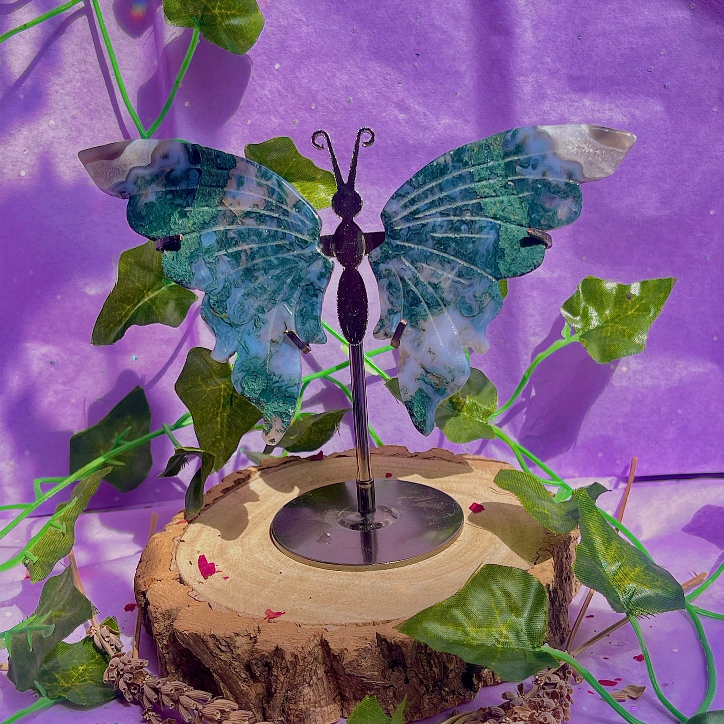 moss agate butterfly wings on stand