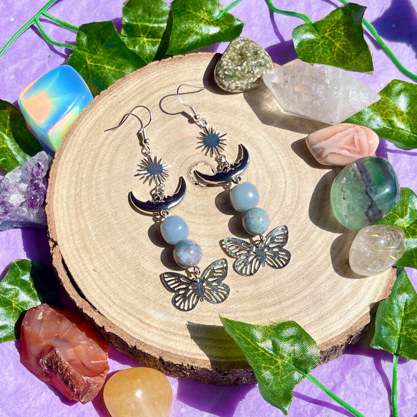 summer wings earrings - angelite & moss agate on 925 hooks