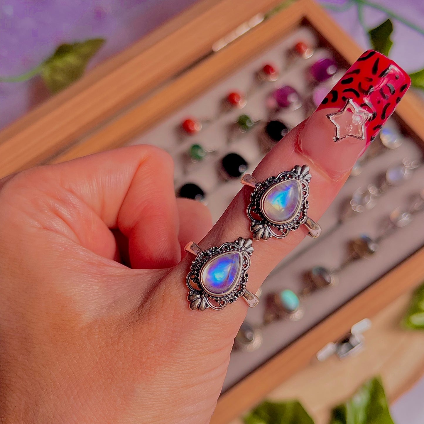 rainbow moonstone style D ~ 925 sterling silver adjustable rings / intuitively chosen