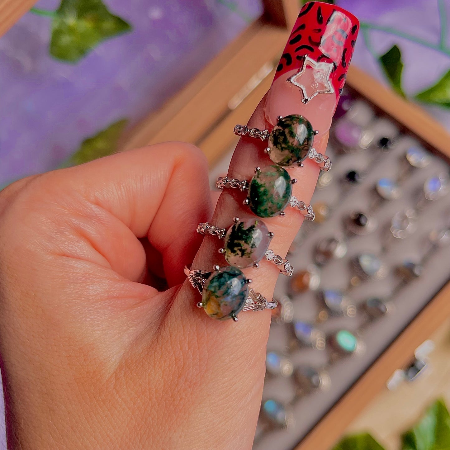 moss agate style B ~ 925 sterling silver adjustable rings / choose your own