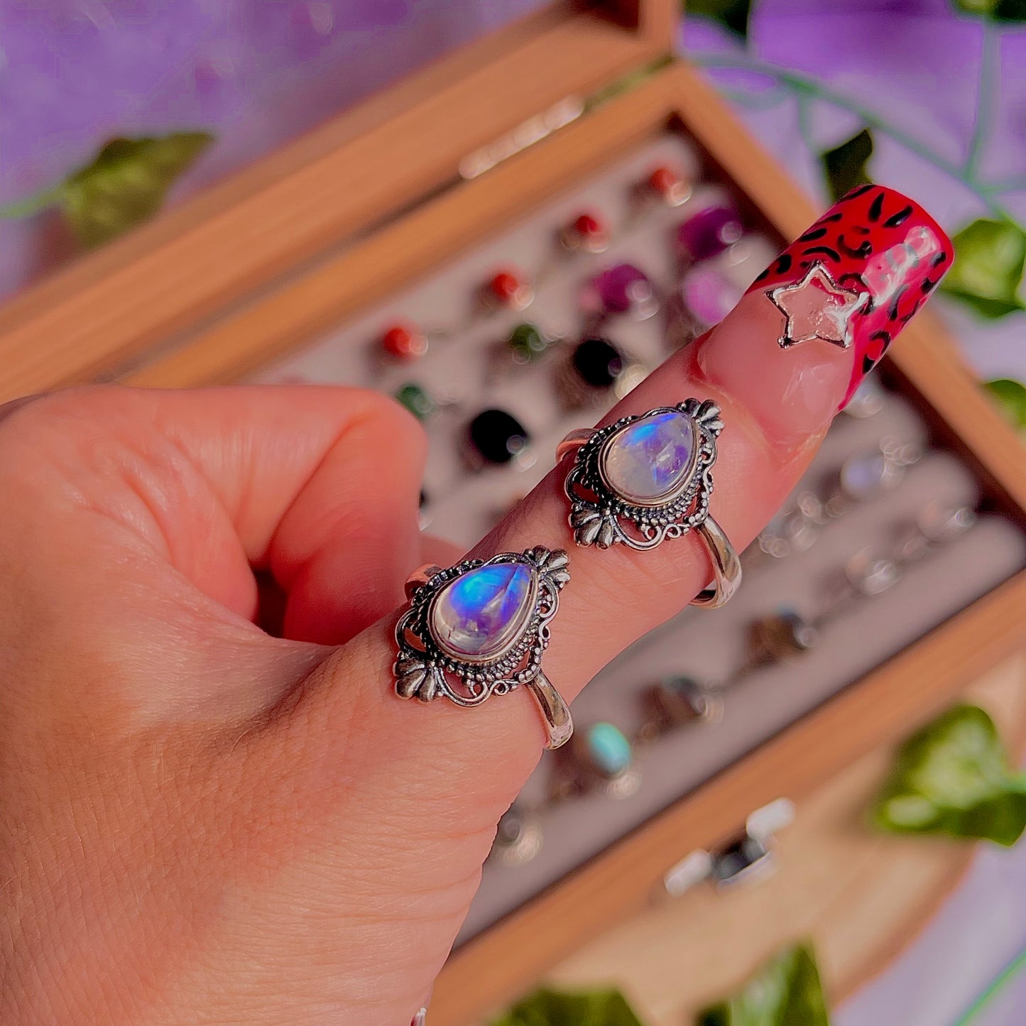 rainbow moonstone style D ~ 925 sterling silver adjustable rings / intuitively chosen