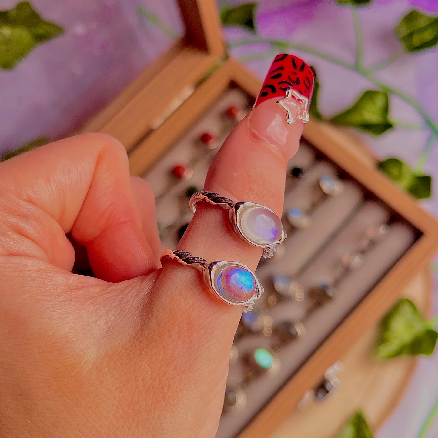 rainbow moonstone style E ~ 925 sterling silver adjustable rings / intuitively chosen