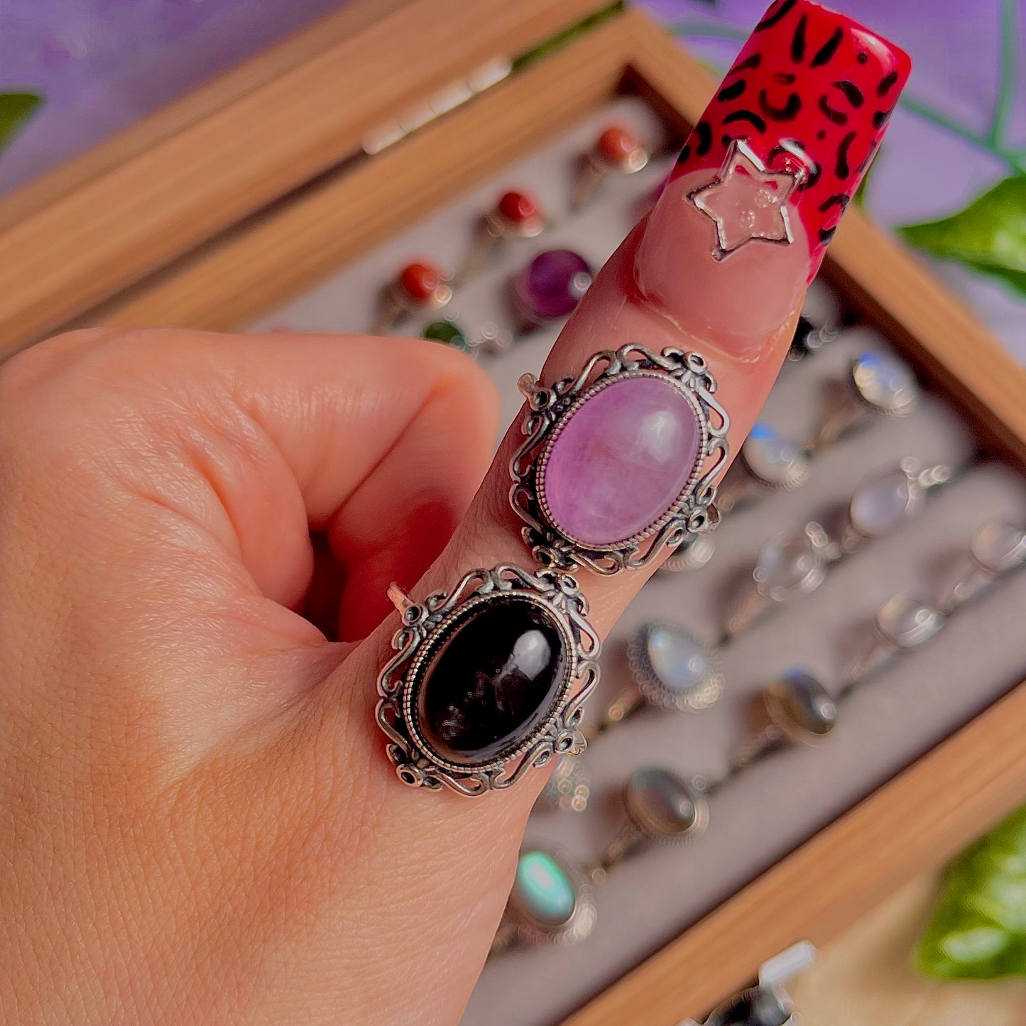 kunzite & silver sheen obsidian ~ 925 sterling silver adjustable rings / choose your own
