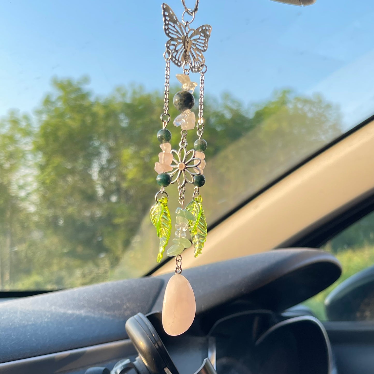 self car charm - rose quartz, moss agate, clear quartz & aventurine