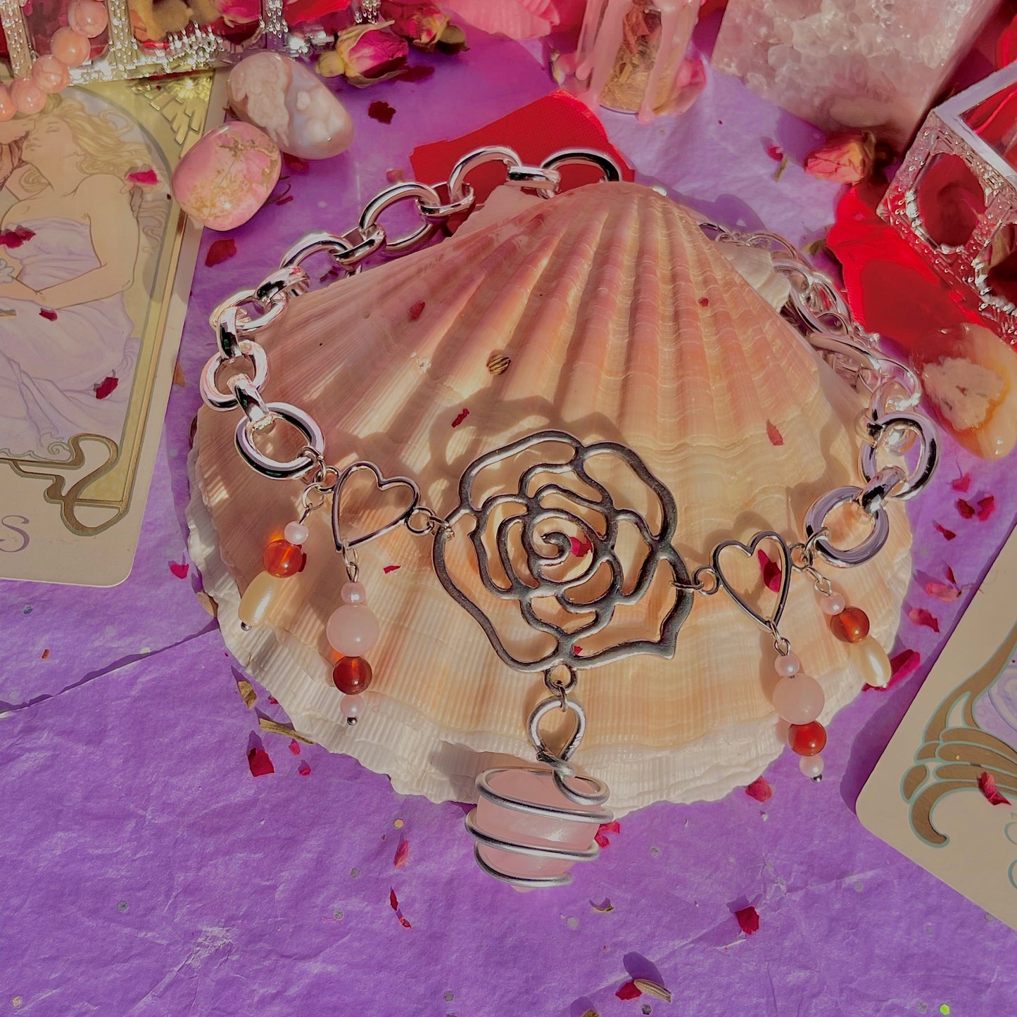 single rose chunky stainless steel necklace ~ rose quartz, carnelian & faux pearls