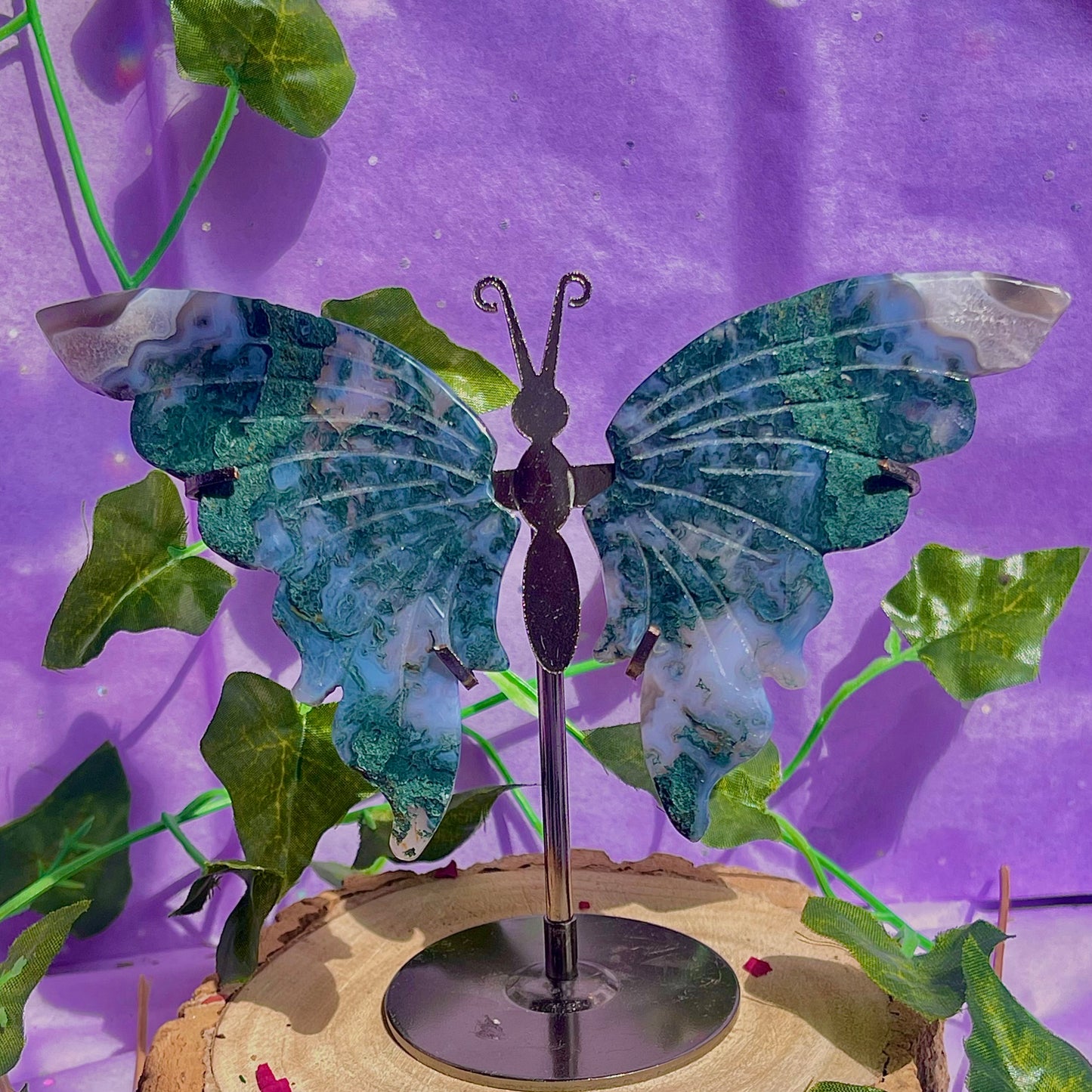 moss agate butterfly wings on stand