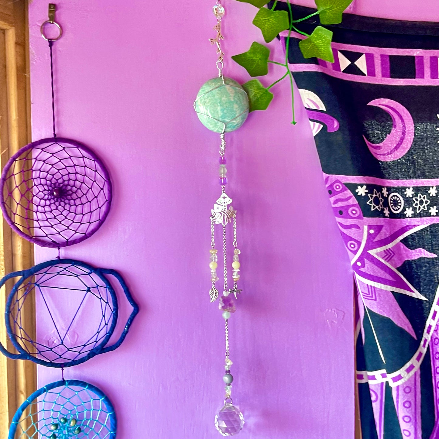 the magick tree sun catcher - amazonite, fluorite, amethyst, calcite, clear quartz, citrine & angelite