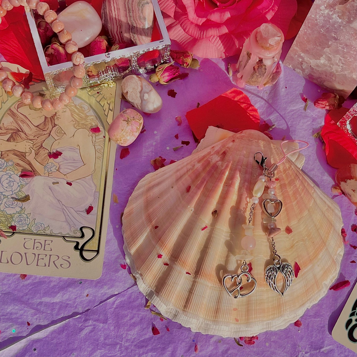 angel heart phone charm ~ rose quartz, moonstone, rhodonite & faux pearls