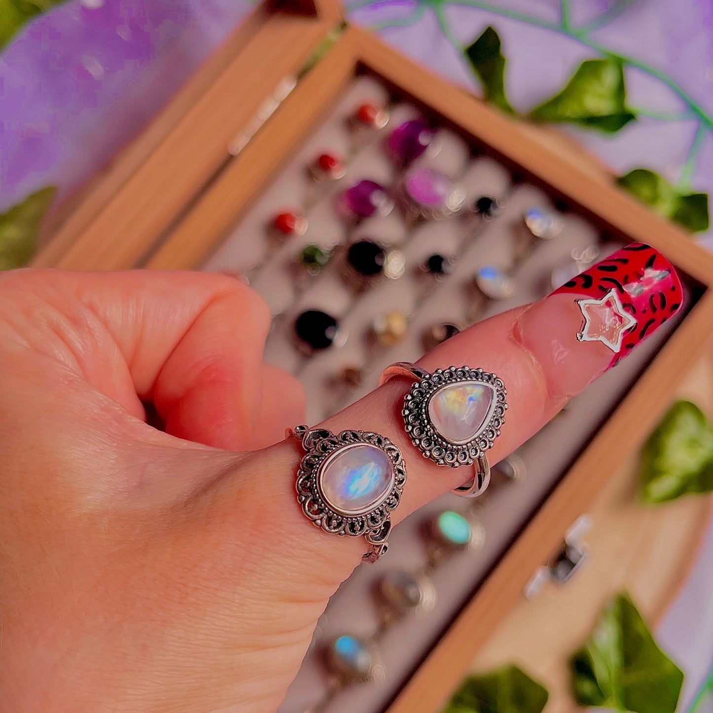 rainbow moonstone style C ~ 925 sterling silver adjustable rings / choose your own