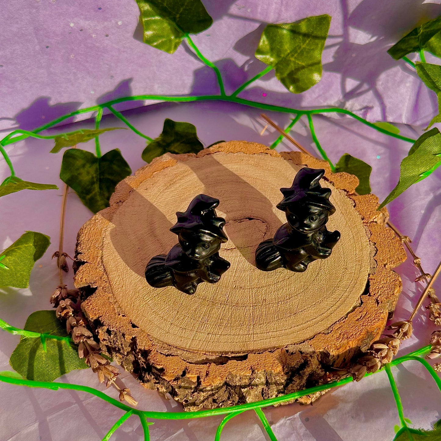 black obsidian cat on broom carving ~ intuitively chosen