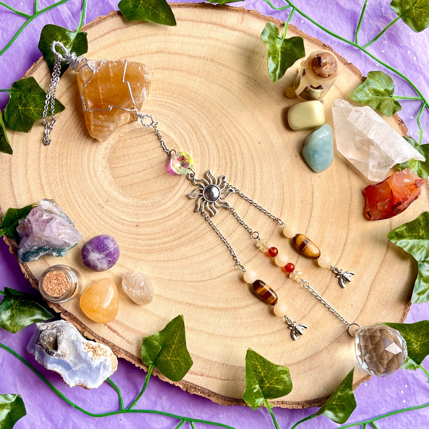 honey bee sun catcher - honey calcite, carnelian, tigers eye & calcite