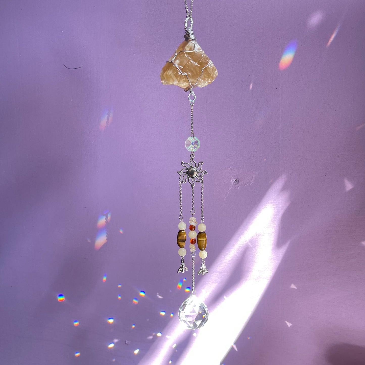 honey bee sun catcher - honey calcite, carnelian, tigers eye & calcite