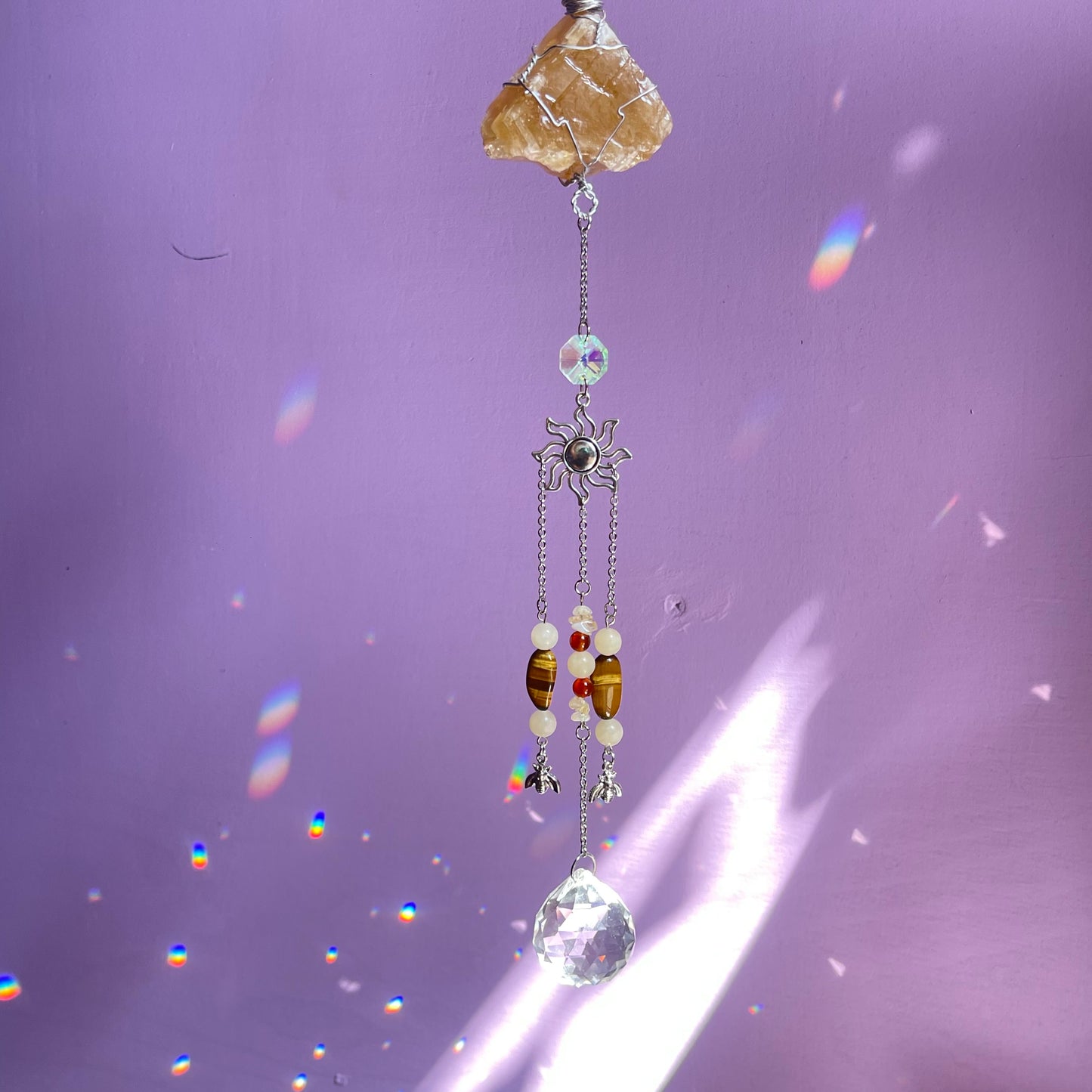 honey bee sun catcher - honey calcite, carnelian, tigers eye & calcite