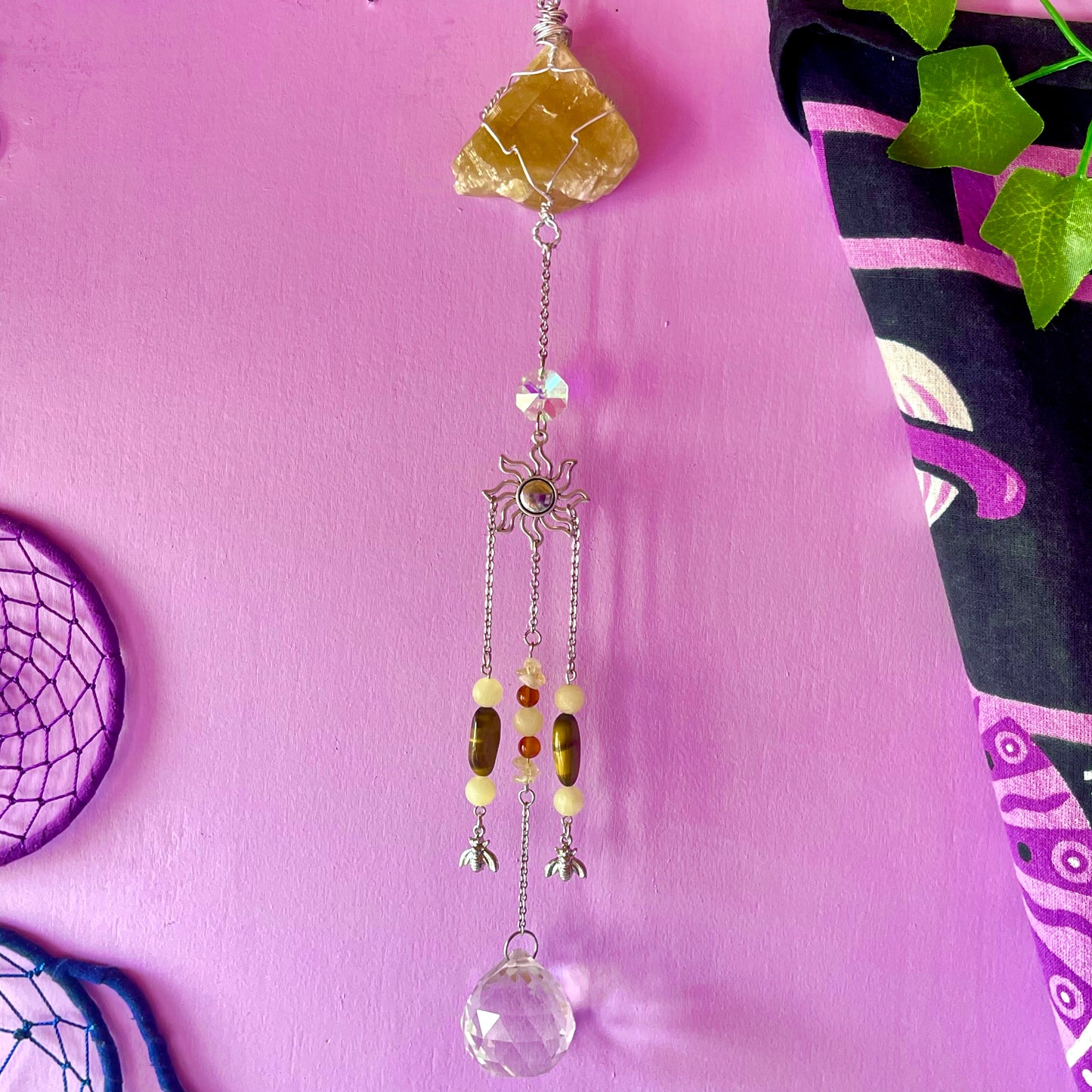 honey bee sun catcher - honey calcite, carnelian, tigers eye & calcite
