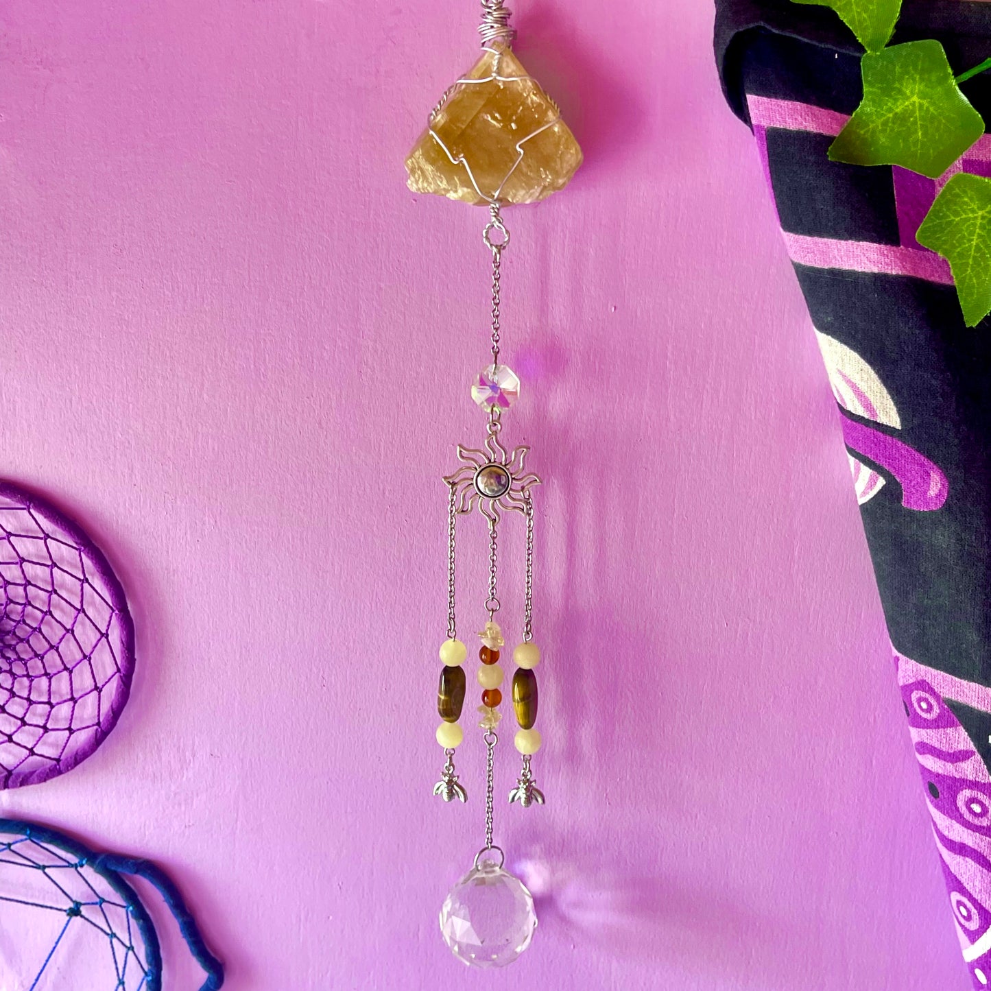 honey bee sun catcher - honey calcite, carnelian, tigers eye & calcite