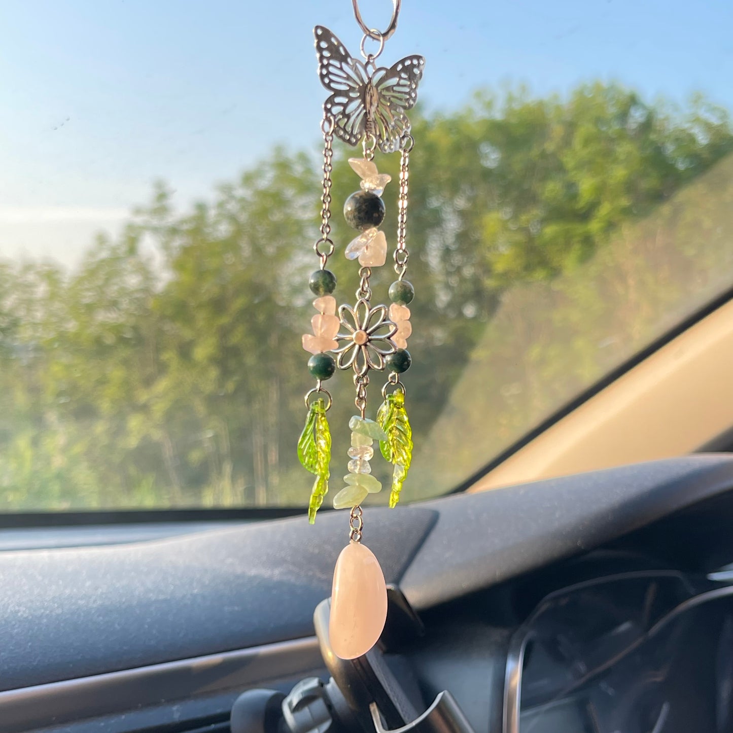 self car charm - rose quartz, moss agate, clear quartz & aventurine