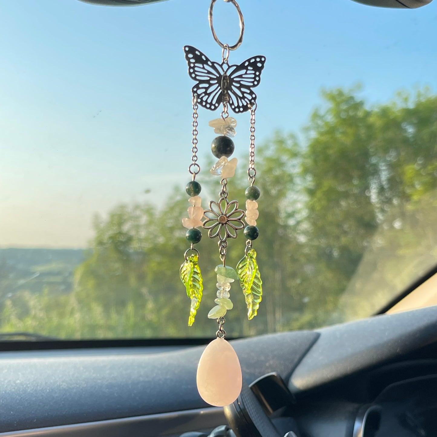 self car charm - rose quartz, moss agate, clear quartz & aventurine