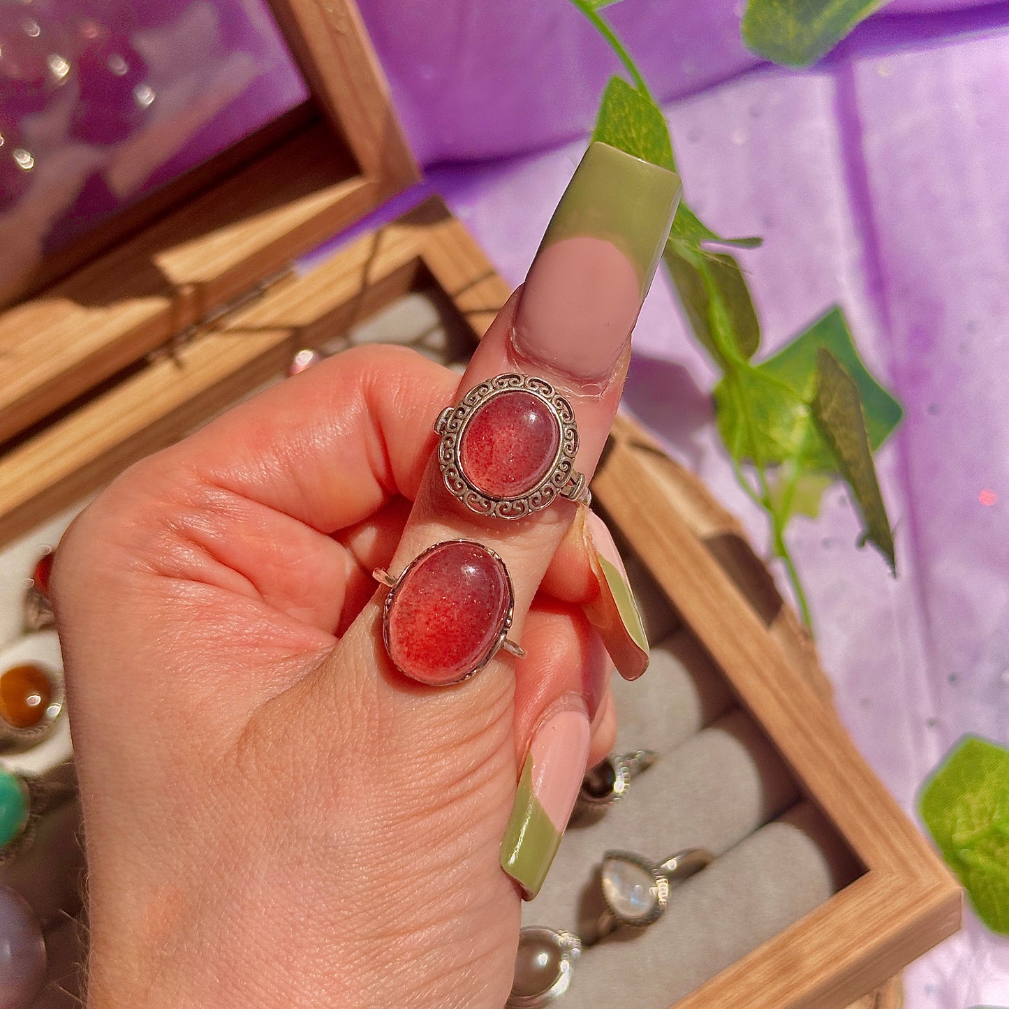 strawberry quartz 925 sterling silver adjustable ring ~ style a
