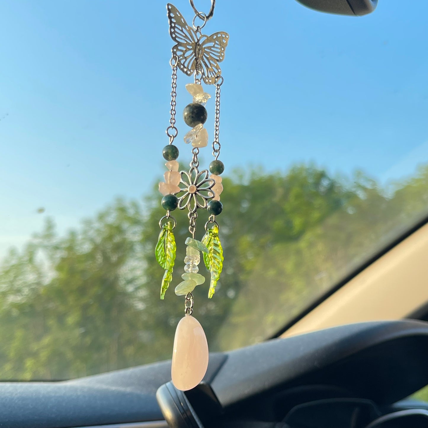 self car charm - rose quartz, moss agate, clear quartz & aventurine