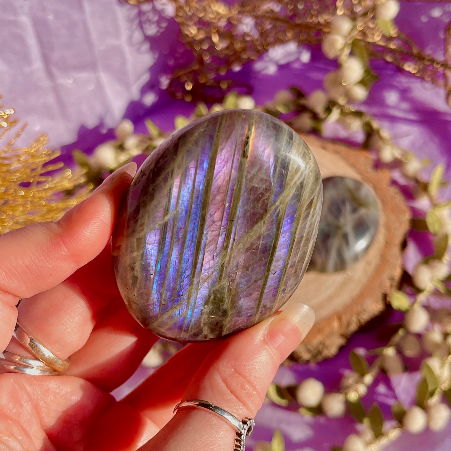 labradorite palm stone sunset flash ~ intuitively chosen