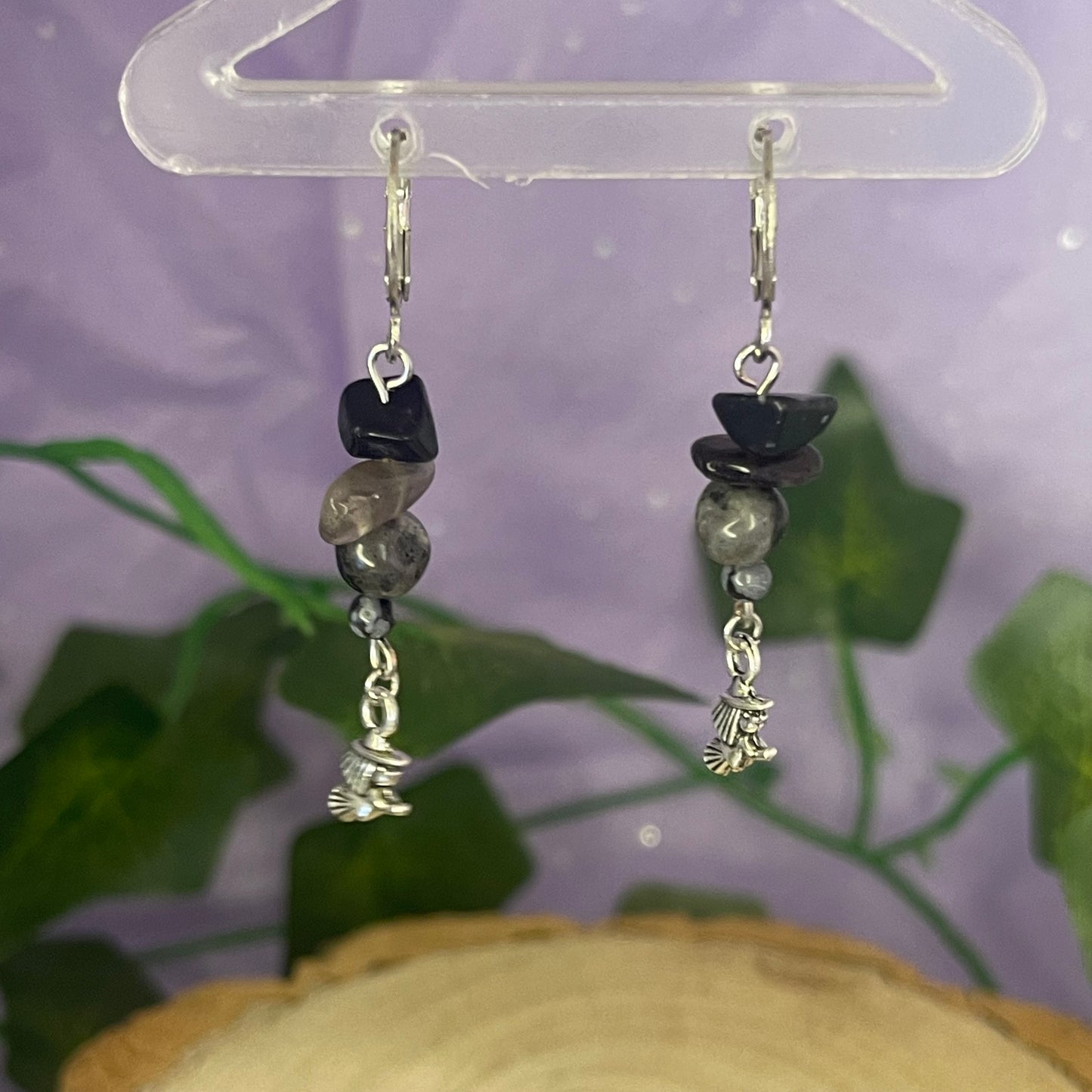 witches earrings (obsidian, smokey quartz, larvikite, snowflake obsidian)
